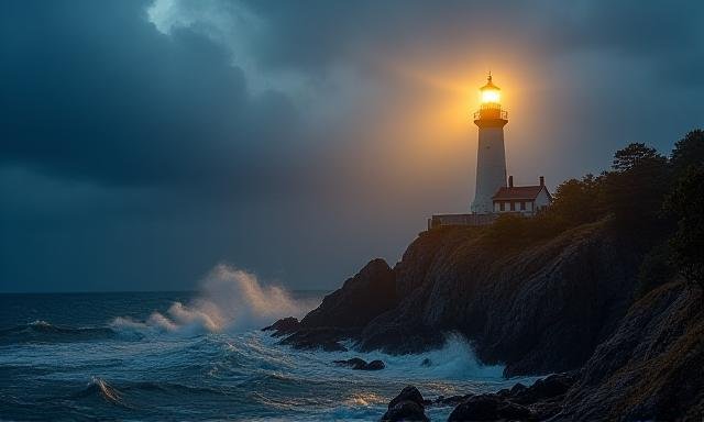 A sturdy white lighthouse standing against a dramatic evening sky.