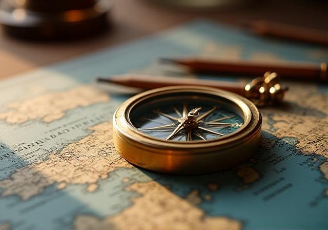 An antique brass compass resting on a weathered sea map