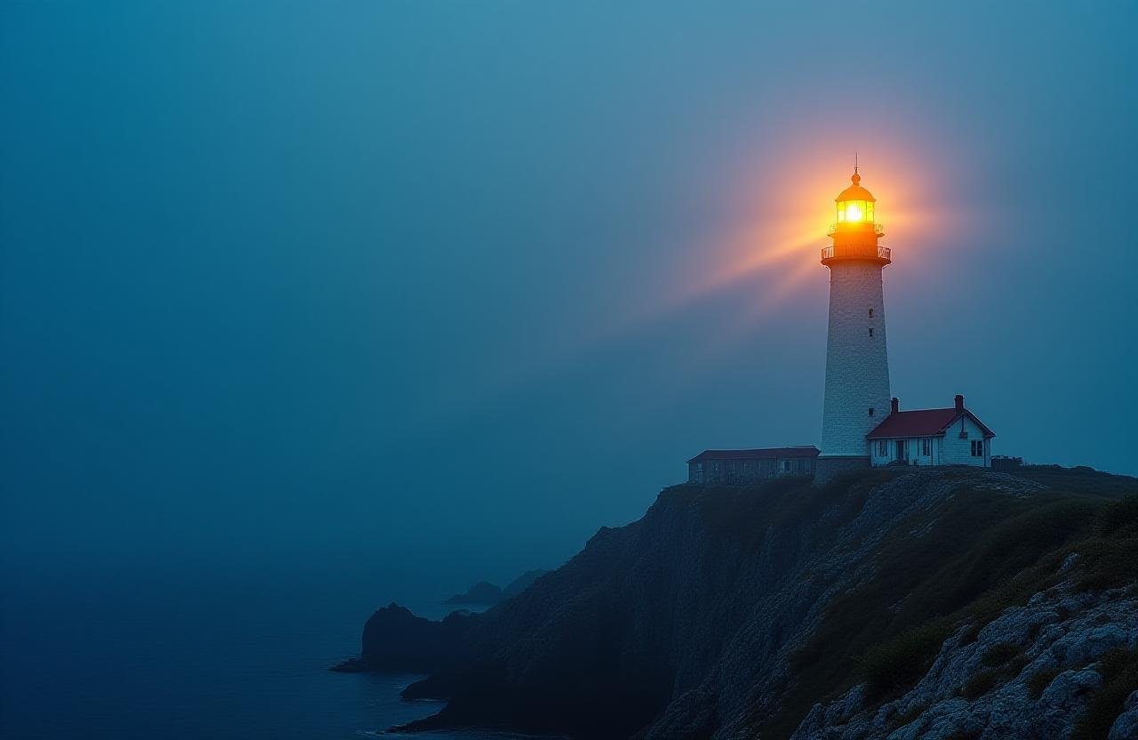 A guiding lighthouse beacon lighting up the dark ocean at dusk