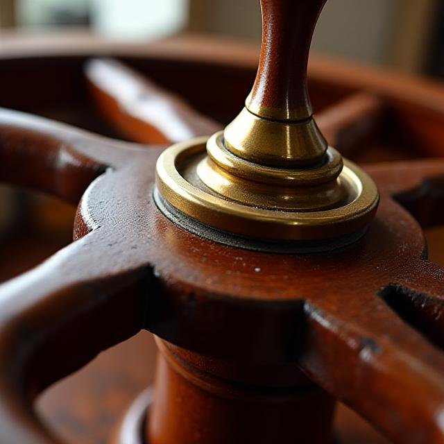 Closeup of a vintage wooden ship's wheel representing taking control